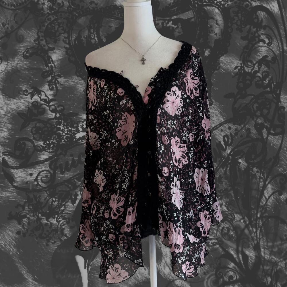 black and pastel pink whimsigoth boho fairy grunge core floral button down